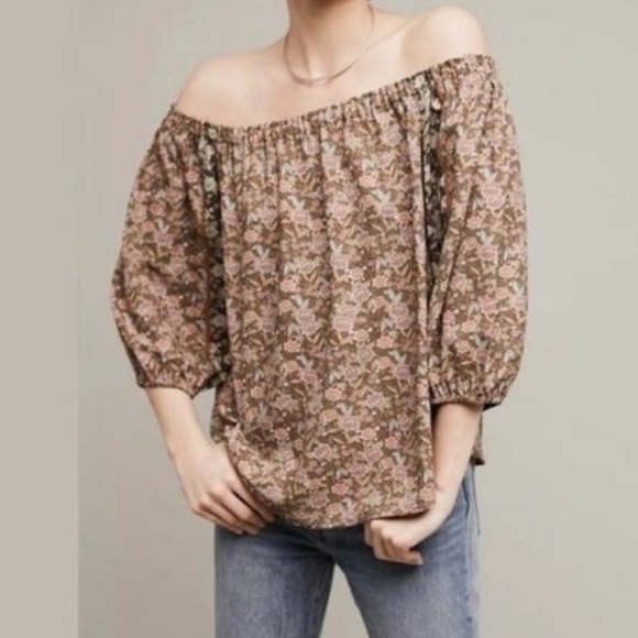 Anthropologie One September Green Pink Floral Print Off The Shoulder Top - Picture 1 of 12